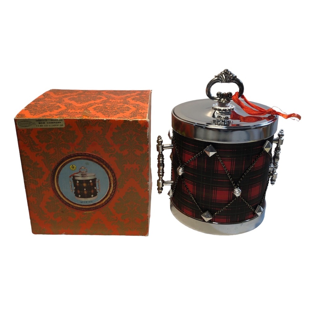 Vintage Tartan Ice Bucket with Lid,  Hong Kong Drum style With Original Box